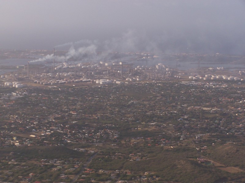 Aerial view of Curacao - smoke is from Oil Refineries