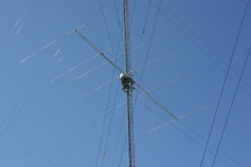 The first 20M OWA at 45 feet.  Thats W2GD up on the tower bolting in the beam on the K0XG orbital ring rotator.  Note all the...